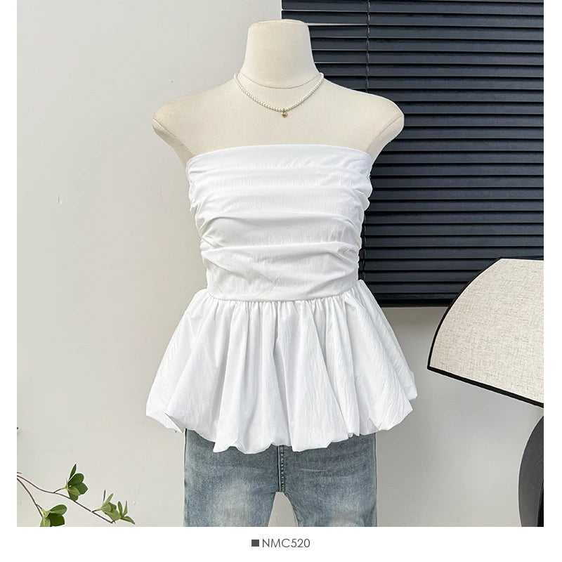 Women's Strapless Tube Top – Solid Color Pleated Sleeveless Camisole for Summer Casual Fashion