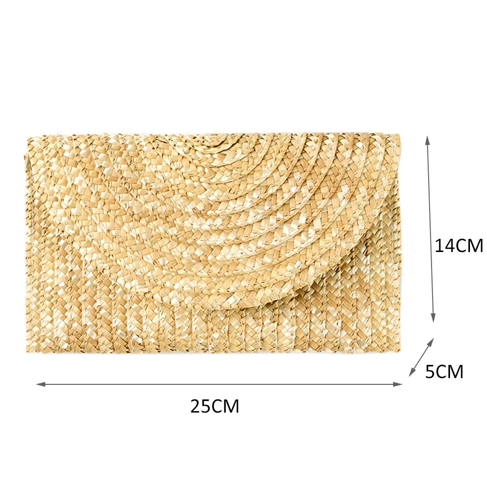 Bolso de mano de paja de trigo hecho a mano para mujer, estilo sobre, para playa de verano, cartera de viaje