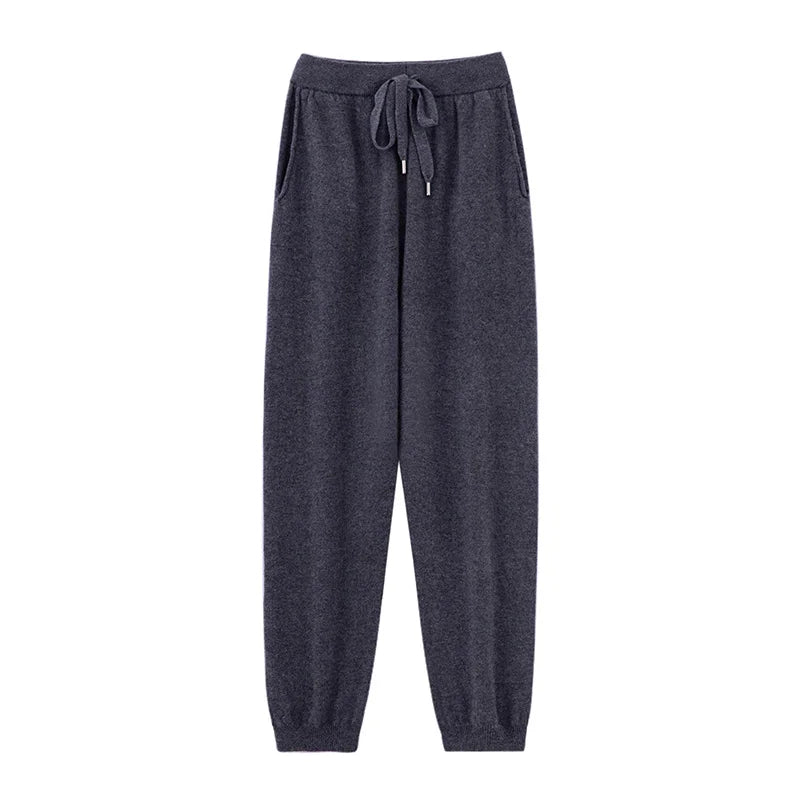 Pantalones de cachemir 100 % pura lana para mujer, de punto, sueltos, de cintura alta, con puños, para otoño e invierno, de corte recto y ajustado