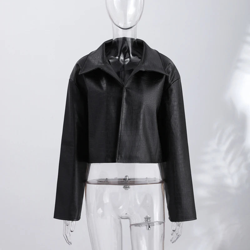 Women’s PU Leather Jacket – Long-Sleeve Stand Collar Zip-Up Coat, Casual Streetwear Outerwear for Autumn & Winter