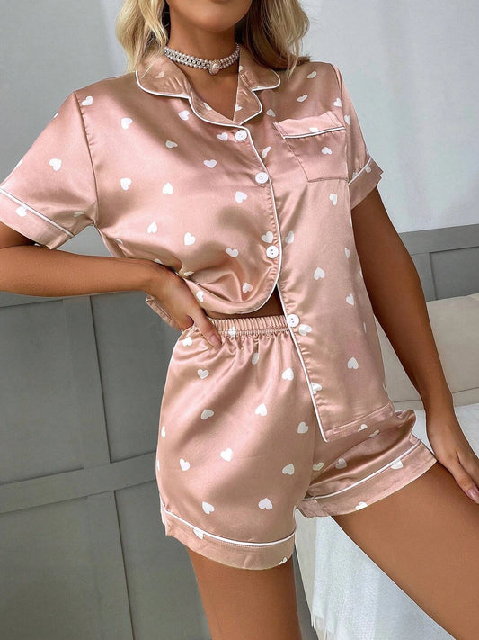 Conjunto de pijama de satén con estampado de corazones para mujer – Pijama de 2 piezas de manga corta con botones y pantalón largo, ropa de casa suave