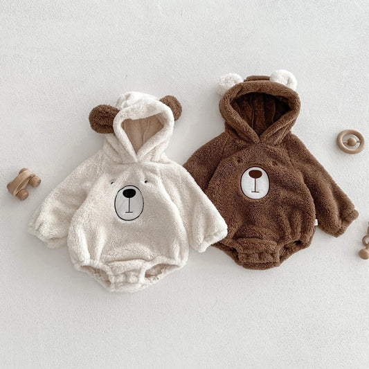 Baby Bear Ear Hooded Romper – Cute Plush Winter Jumpsuit for 0-2 Years, Korean-Style Warm Baby Clothes for Infants & Toddlers