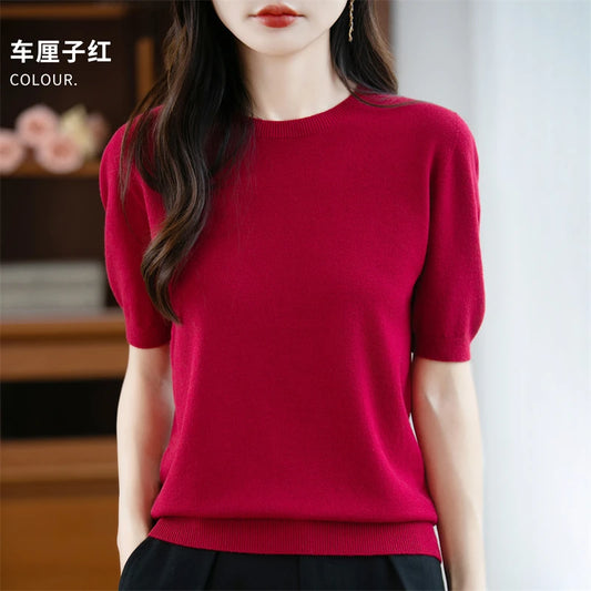 Women's 100% Wool Knitted Sweater – O-Neck Short-Sleeve Pullover, Warm Basic Casual Top for Fall & Winter, Available in 22 Colors