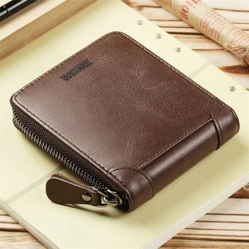 Cartera de cuero WEIXIE RFID con cremallera para monedas y tarjetero compacto