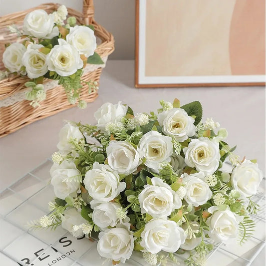 Ramo de Rosas Peonías Blancas Artificiales de 30cm – Flores Falsas de Seda con 5 Flores Grandes y 4 Capullos para Ramos de Novia, Decoración del Hogar y Arreglos Florales