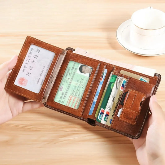 Billetera Trifold de Cuero Genuino para Hombre con Bloqueo RFID Delgada Vintage para Tarjetas de Crédito e Identificación