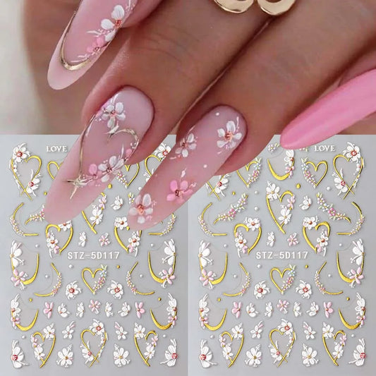 2 unidades de pegatinas de uñas 5D en relieve con flores – Calcomanías de uñas con corazón dorado y pétalos rosas para decoración de manicura de San Valentín