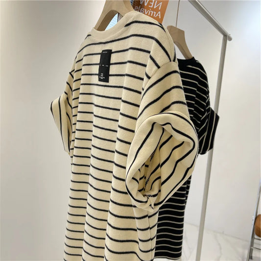 Camiseta Holgada de Rayas de Estilo Coreano para Mujer, Blusa Casual de Algodón de Manga Corta para Verano y Uso Diario