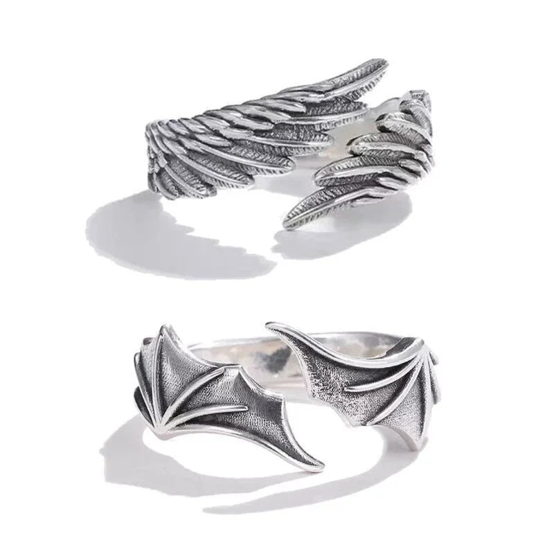 Vintage Angel & Demon Wing Adjustable Couple Ring – Retro Silver Gothic Punk Open Band Ring for Men & Women
