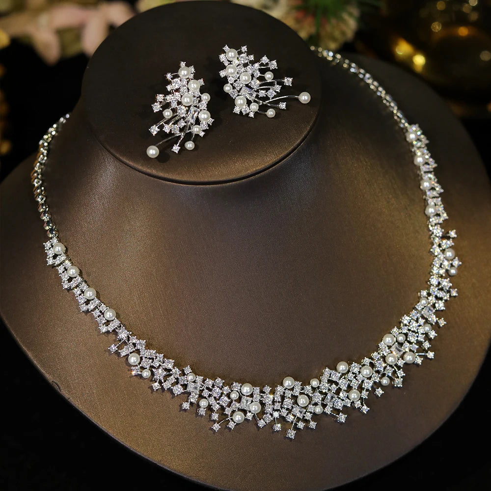 ASNORA Bridal Pearl Choker Necklace Set for Women Cubic Zirconia Stone Wedding Jewelry Costume Fashion X0620