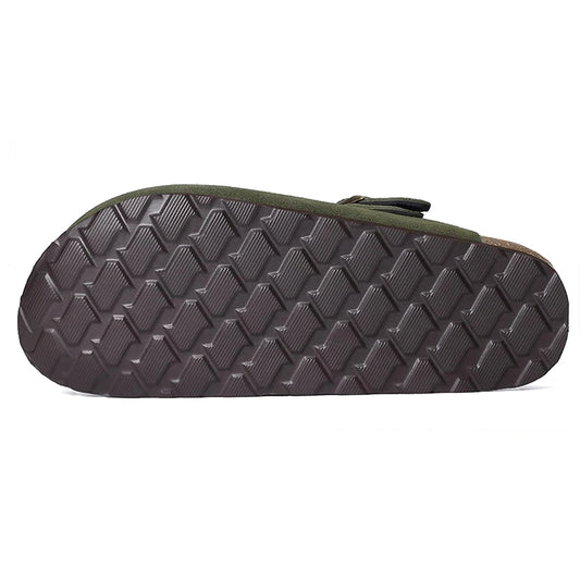 Kidmi Zuecos de ante de vaca para mujer y hombre, mules con plantilla de corcho, correa ajustable y soporte para el arco del pie