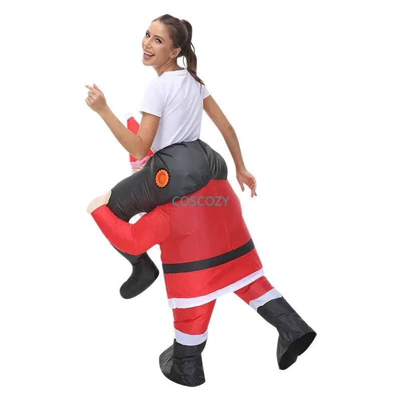 Adult Inflatable Riding Santa Claus Costume, Funny Christmas Mascot Outfit for Men and Women, Halloween Party Cosplay, Xmas Fancy Dress and Holiday Role Play