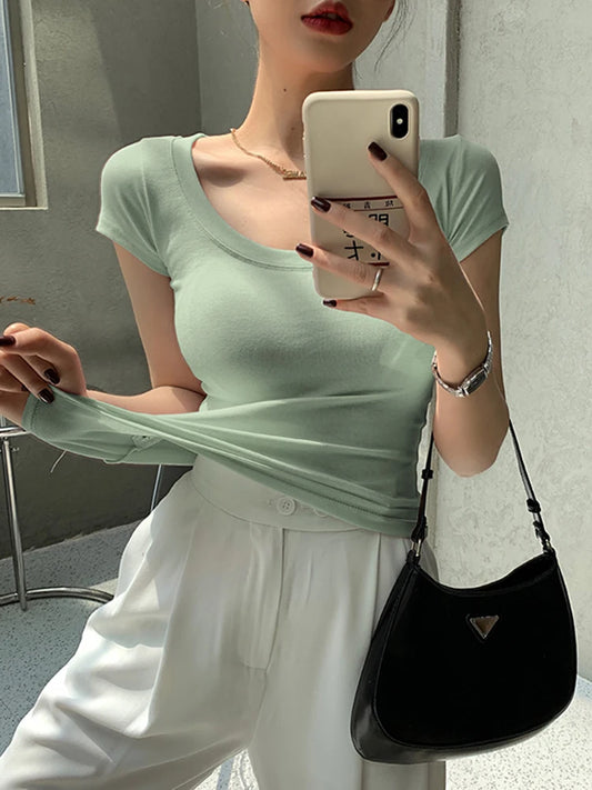 2026 Summer Women’s 100% Cotton Slim T-Shirt Casual Basic O-Neck Solid Korean Style Tee 16 Colors