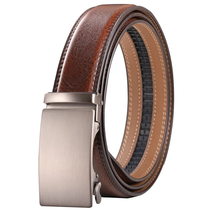 Plyesxale Men's Brown Leather Belt 2026 – Automatic Buckle Vintage Belt for Jeans, Luxury-Style Casual Waist Strap, Ceinture Homme B9