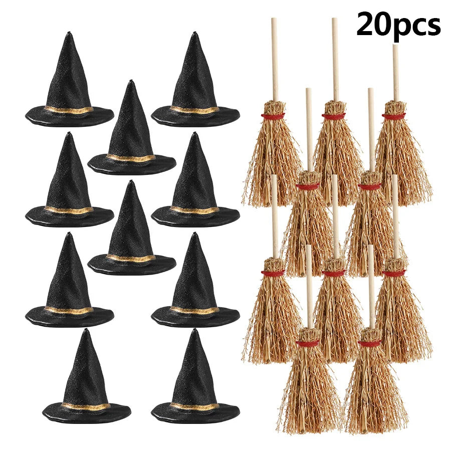 20PCS Mini Witch Hats & Brooms Cake Toppers – Halloween Wizard Hat Cake Decorations for Wedding, Birthday Party & DIY Crafts