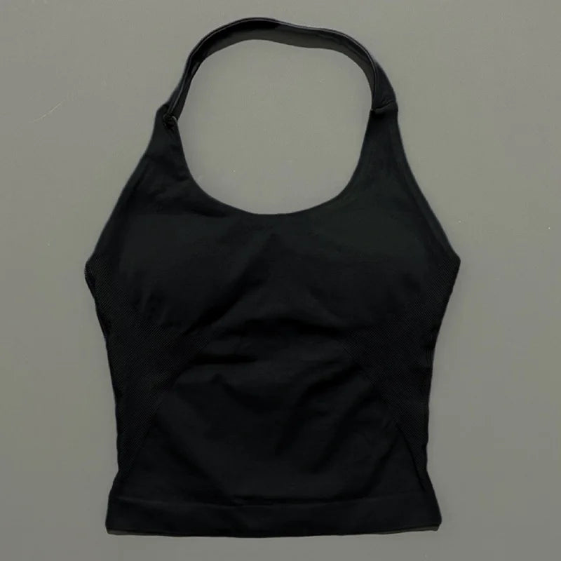 HISTELLO Women’s Seamless Longline Halter Sports Top – Built-in Bra with Removable Cups Yoga & Gym Tank Activewear