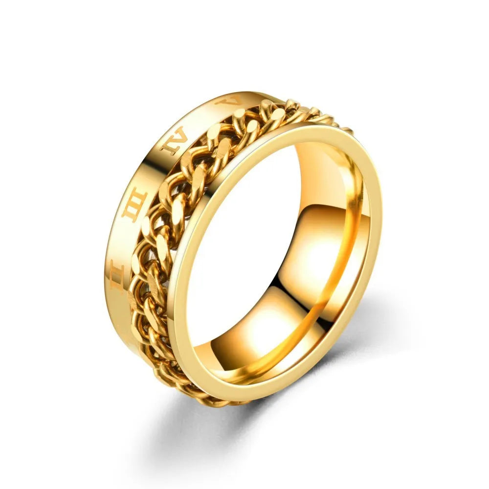 Roman Numeral Spinner Ring – Stainless Steel Chain Rotating Anxiety Fidget Ring for Men | Black Metal Stress Relief Jewelry