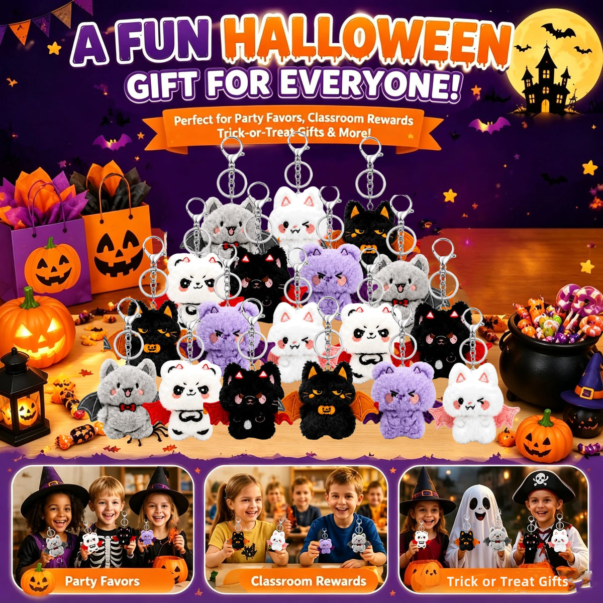 12-48PCS Halloween Plush Bat Keychains Bulk, 3.5 Inch Cute Bat Bag Charms, Trick or Treat Gifts, Halloween Goodie Bag Fillers, Party Favors, Classroom Prizes for Kids