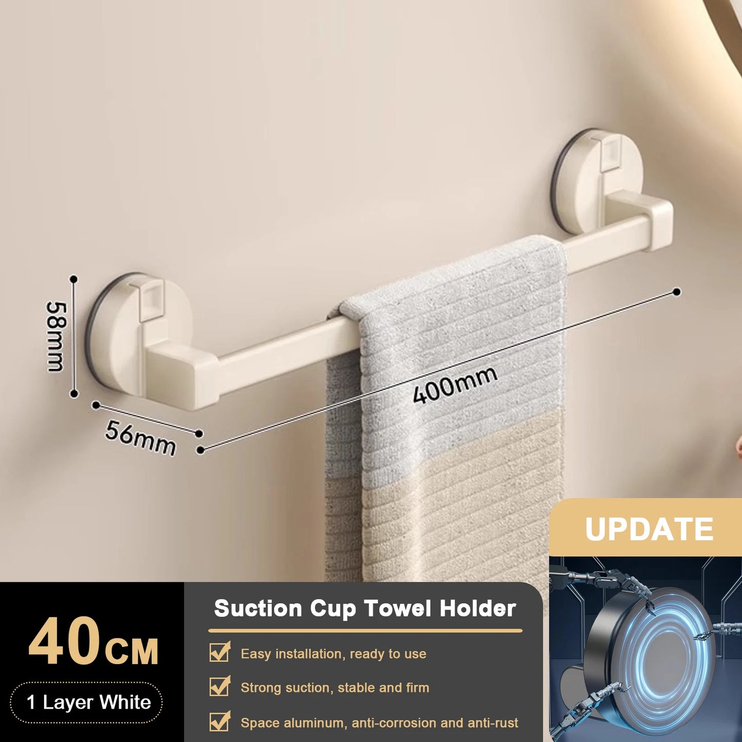 Toallero de Ventosa para Pared, sin Taladro, para Baño, Barra de Toalla de 30/40/50cm, Soporte que Ahorra Espacio