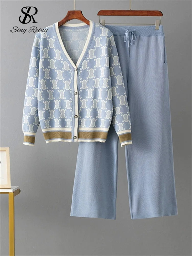 SINGREINY Conjunto de dos piezas de punto para mujer con cuello en V, top estampado de manga larga y pantalones de cintura elástica