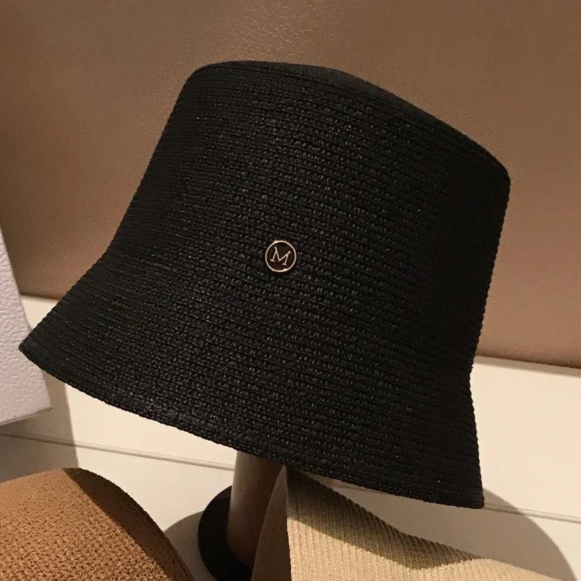 Japanese Designer M Straw Woven Summer Sun Hat for Women Casual Travel Panama Bucket Hat Sunscreen Slim-Face Luxury