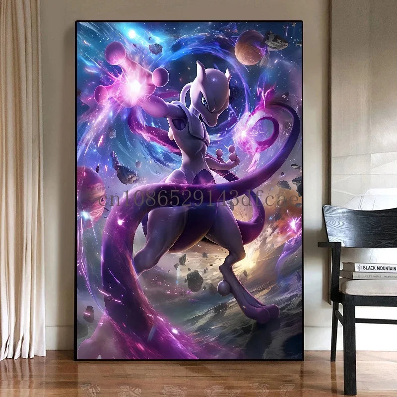 Pokémon Mewtwo HD Canvas Wall Art – Anime Watercolor Poster Print Modern Home Decor
