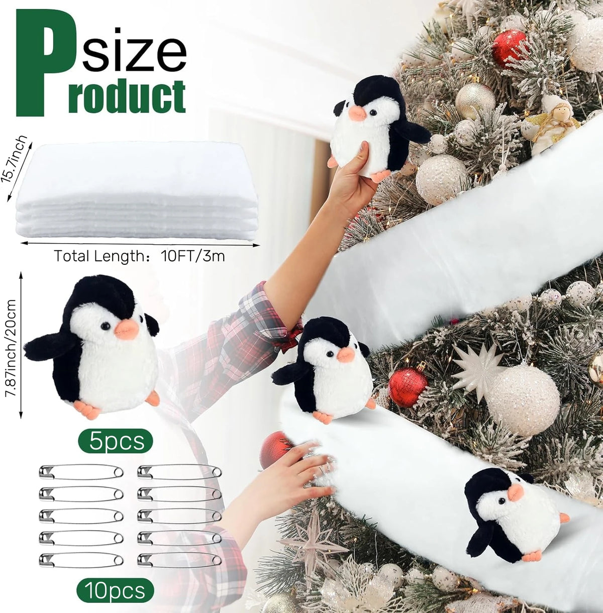 Christmas Staircase Decoration Set – Faux Snow Cotton Carpet with Sliding Penguins, DIY Holiday Decor for Stairs, Banisters & Indoor Christmas Displays