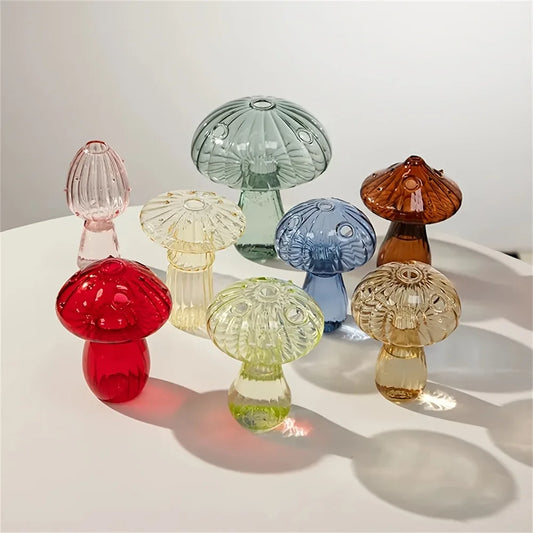 Florero Nórdico de Cristal de Colores con Forma de Hongo – Maceta Hidropónica para Flores, Plantas y Decoración de Escritorio/Hogar