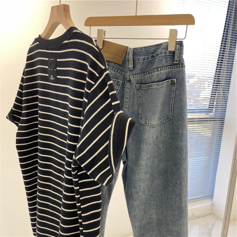 Women’s Korean Style Oversize Striped T-Shirt Loose Casual Short Sleeve Cotton Summer Commute Top