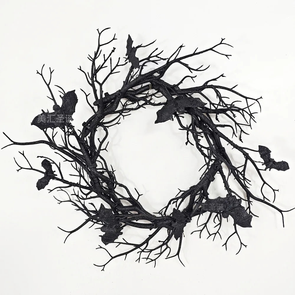 Halloween Artificial Bat Wreath – Black Branch Wreath with LED Lights for Front Door, Window, Home & Spooky Halloween Decorations