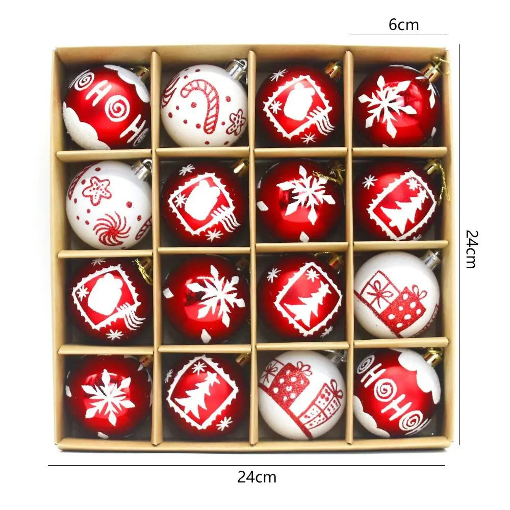 16PCS 6CM Christmas Tree Balls – Red & White Painted Plastic Hanging Ornaments with Electroplated Finish, Reusable Xmas Tree Decorations