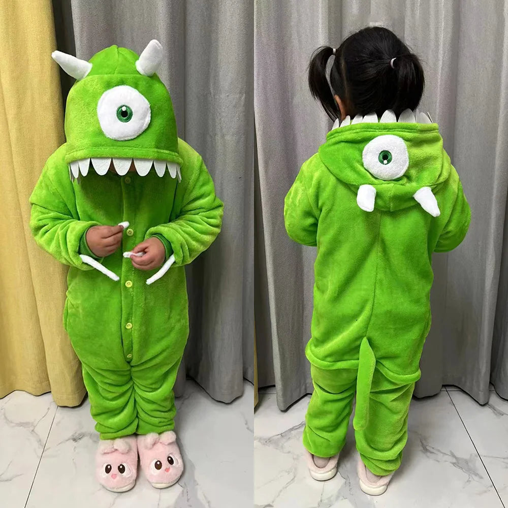 Kids Sully & Mike Kigurumi Jumpsuit – Cute Funny Halloween Costume & Warm Winter Flannel Pajama Onesie for Boys & Girls