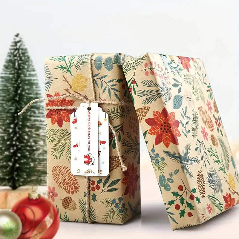1 Roll 10M Christmas Kraft Gift Wrapping Paper – Large Size Plant Leaf & Flower Design for DIY Gift Packaging, Holiday Decor & Crafts