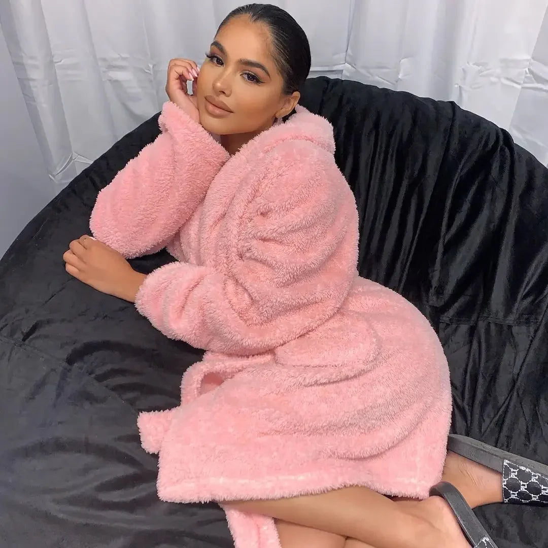 Women's Plush Fleece Hooded Robe – Soft Warm Kimono Bathrobe with Animal Ears, Long Sleeves & Cozy Loungewear