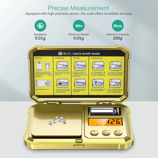 Báscula digital de joyería 200g x 0.01g – Báscula de bolsillo de precisión con pesa de calibración de 50g