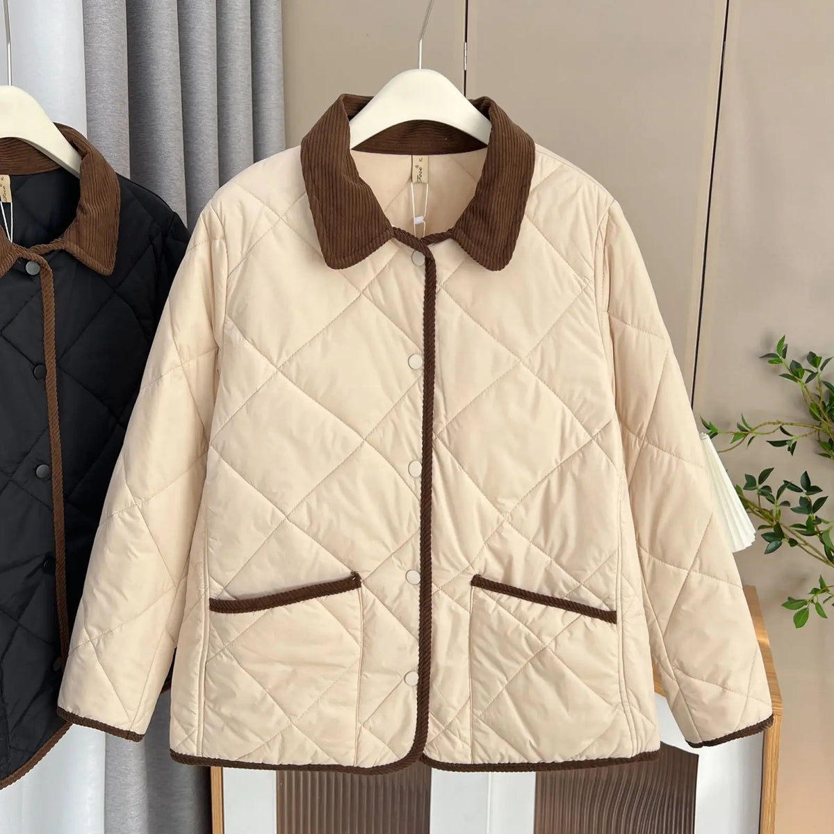 Women’s Cotton-Padded Winter Coat – Casual Warm Parka with Contrast Colors & Lapel Collar, Plus-Size Autumn/Winter Outerwear