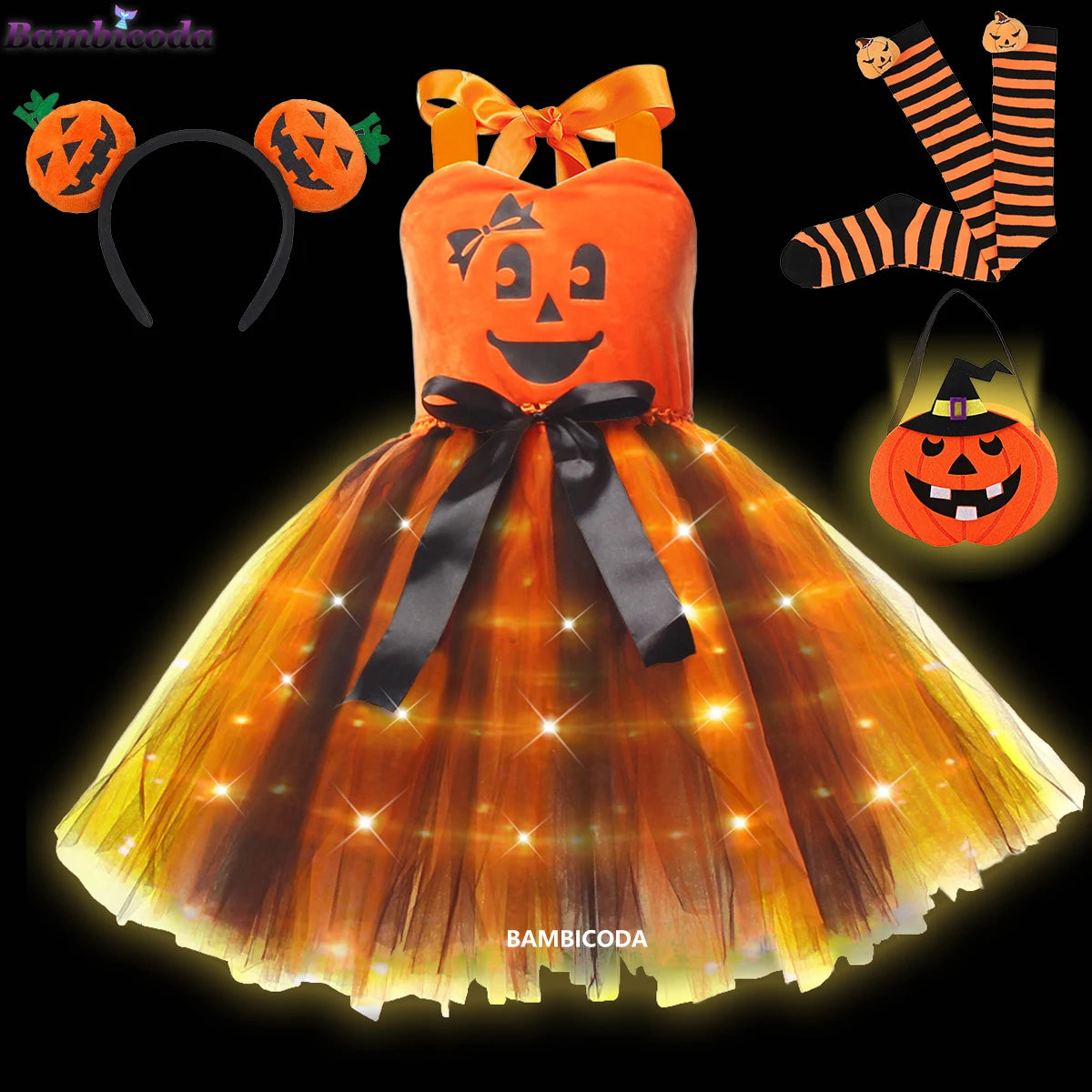 Girls LED Light-Up Witch Costume Dress – Halloween Vampire Cosplay Outfit for Carnival, Masquerade, Performance & Pumpkin Parties