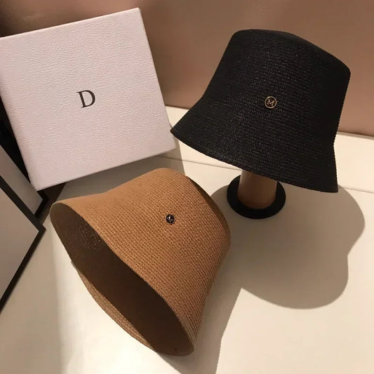 Sombrero de sol de verano tejido de paja M de diseñador japonés para mujer, informal, de viaje, estilo Panamá, tipo pescador, protector solar, de cara estrecha, de lujo