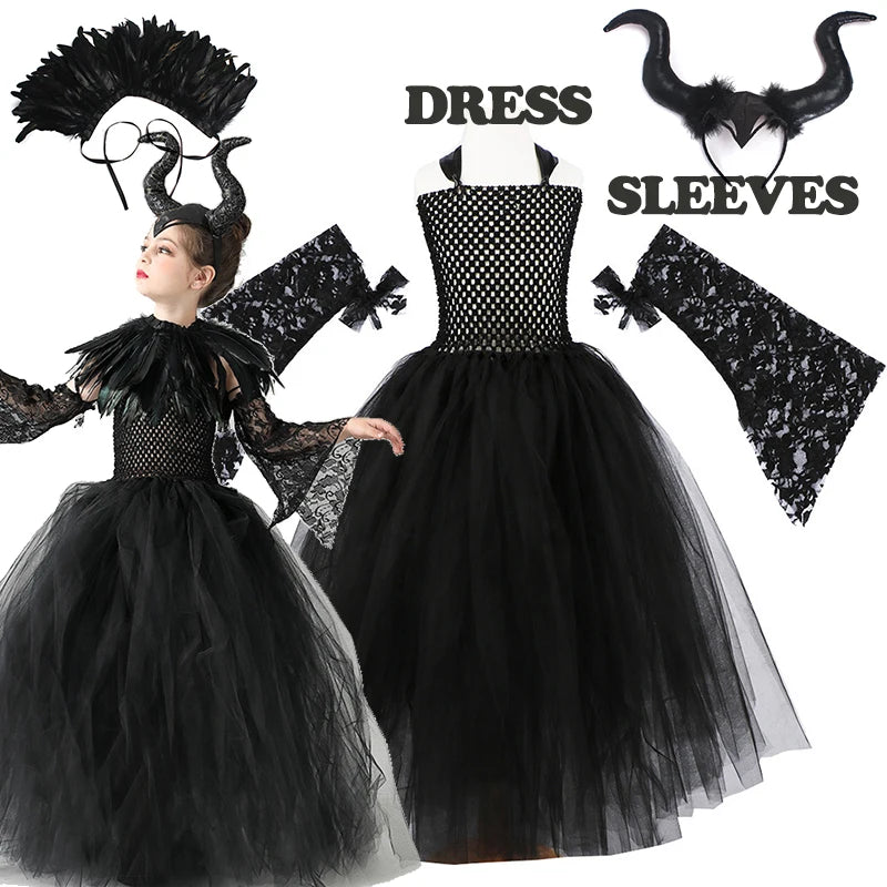 2026 Girls’ Evil Queen Halloween Costume – Black Tulle Mesh Princess Cosplay Dress, Gothic Dress-Up Outfit for Kids’ Halloween Parties