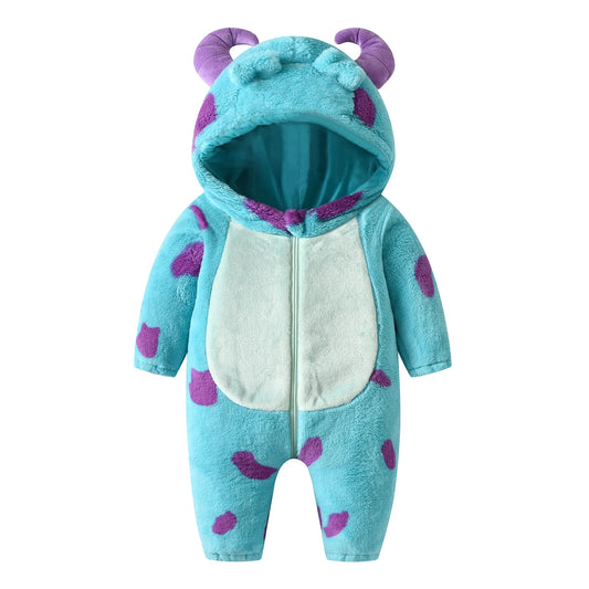 Buzo de nieve con capucha de forro polar para bebé - Mono de invierno con diseño de animales de dibujos animados y capucha con cuernos para recién nacidos (niños y niñas)