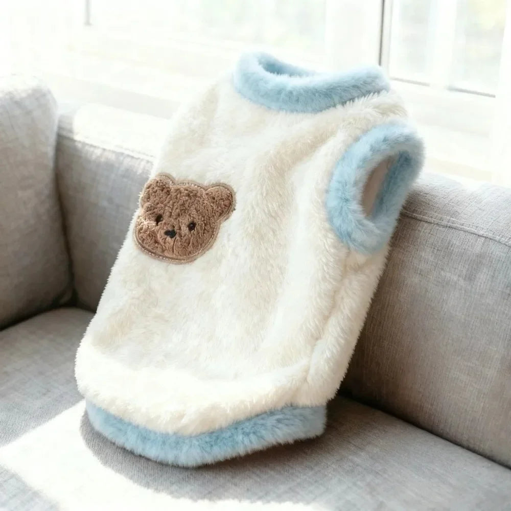 Soft Teddy Bear Dog Sweater – Warm Plush Pet Hoodie with Bear Pattern & Leash Hook, Cozy Cold Weather Clothing for Dogs & Cats