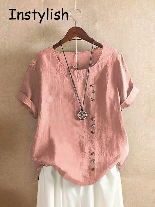 Camiseta Vintage Harajuku con Botones para Mujer Verano Manga Corta Algodón Lino Holgada Oversize Blusa Lisa Ropa de Calle