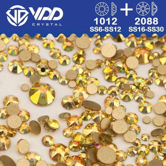 VDD Piedras Preciosas de Cristal Doradas de Fondo Plano – 2088 Cristales de Strass para Arte de Uñas, Manualidades y Decoraciones DIY