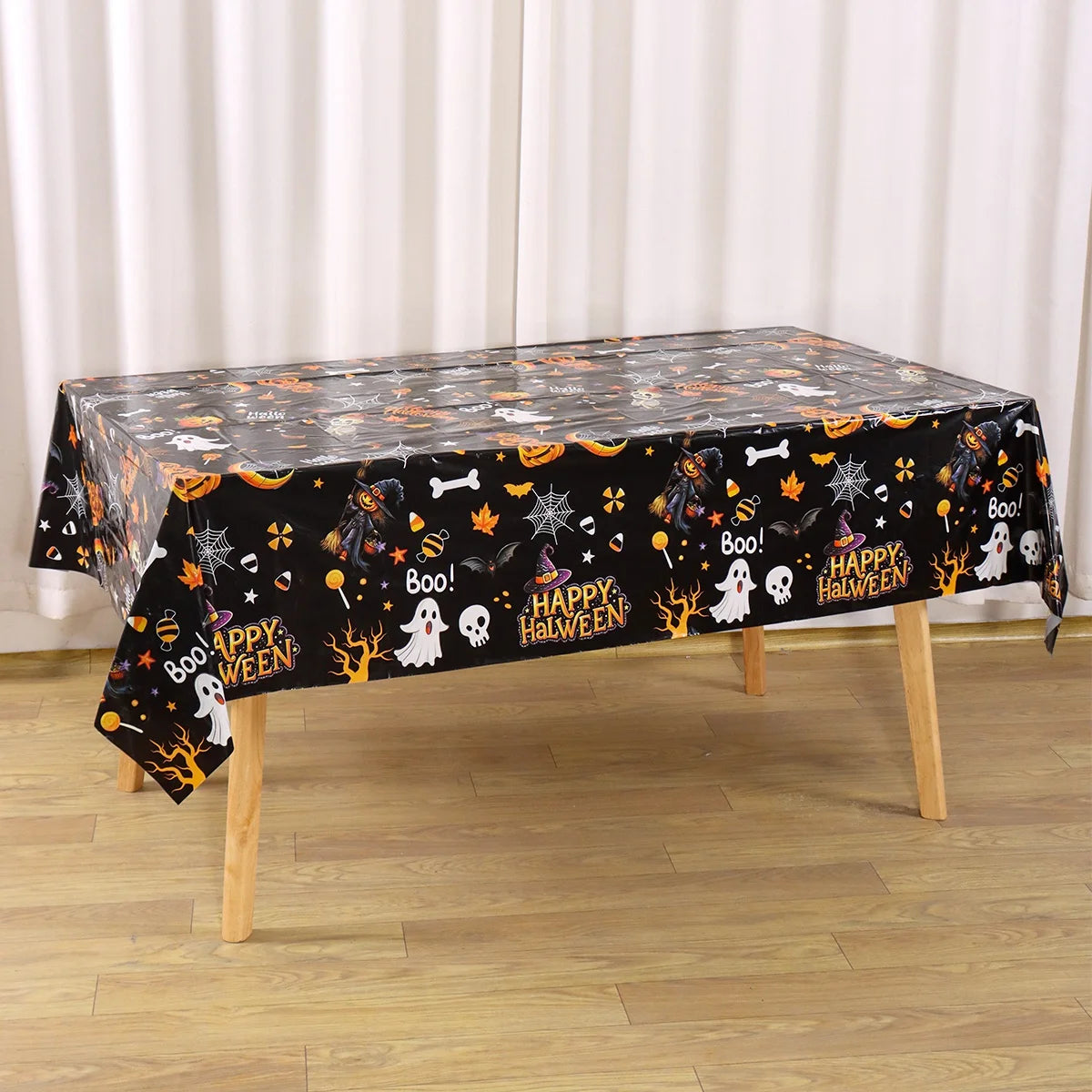 130×220CM Halloween Disposable Plastic Tablecloth – Black Ghost, Skeleton & Witch Pattern Table Cover for Halloween Party Supplies