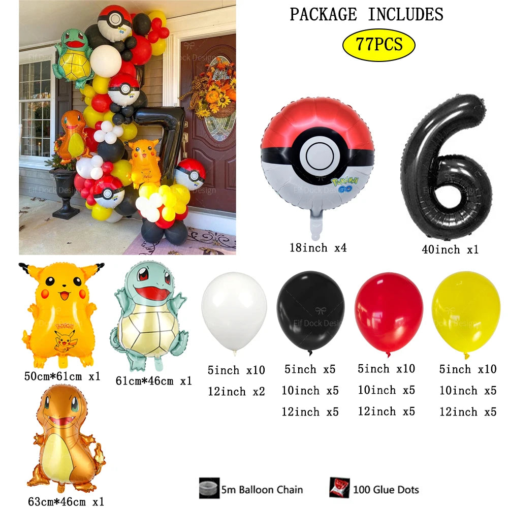 77pcs Pokémon Pikachu & Squirtle Balloon Garland Set – Red, Black & Yellow Latex Balloons for Kids Birthday Party & Baby Shower Decorations