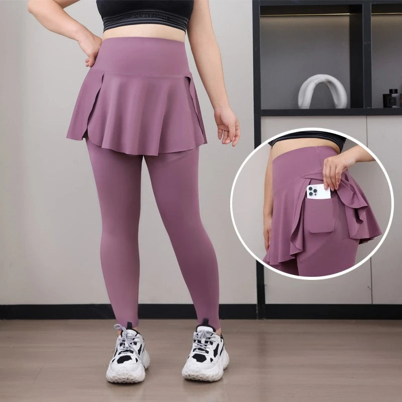 Plus Size Women's 2-in-1 Skirted Leggings – High-Waist Yoga & Training Pants with Pockets, Sharkskin Fabric & Faux Two-Piece Design