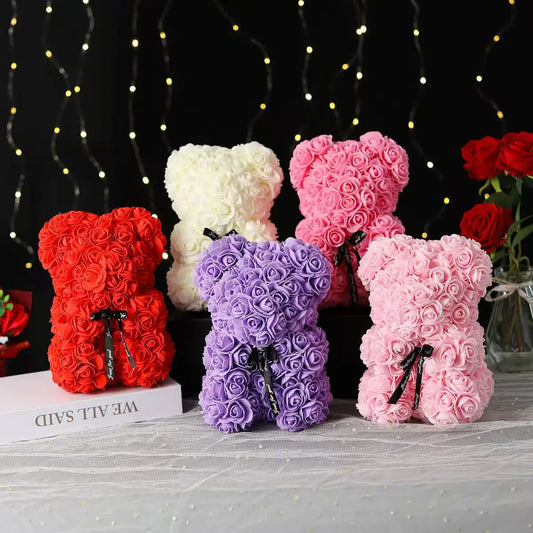 Ours en roses artificielles de 25 cm avec boîte cadeau – Cadeau romantique pour la Saint-Valentin, un anniversaire de couple ou un mariage