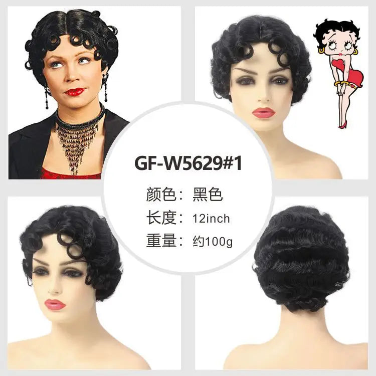 1920s Vintage Black Short Curly Cosplay Wig – Synthetic Party Headgear