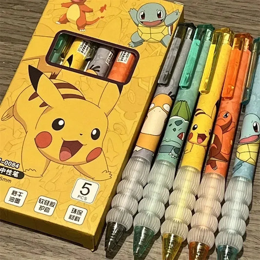 Set de 5 bolígrafos de gel Pokémon – Pikachu, Squirtle y Charmander, papelería escolar de dibujos animados Kawaii