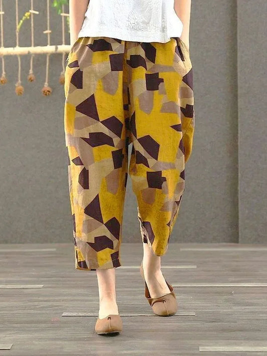 Women’s Cotton Linen Summer Harlan Pants High Waist Loose Slim Print Casual Nine Points Lantern Pants with Pocket